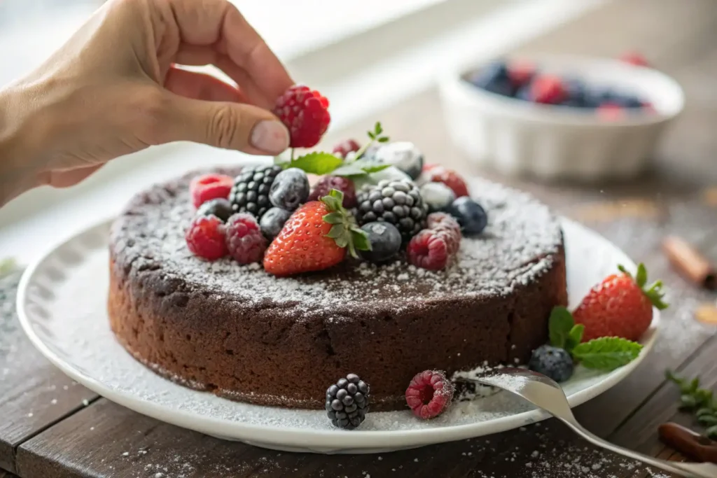 What is the most popular dessert" a perfectly baked chocolate cake being decorated with fresh berries.