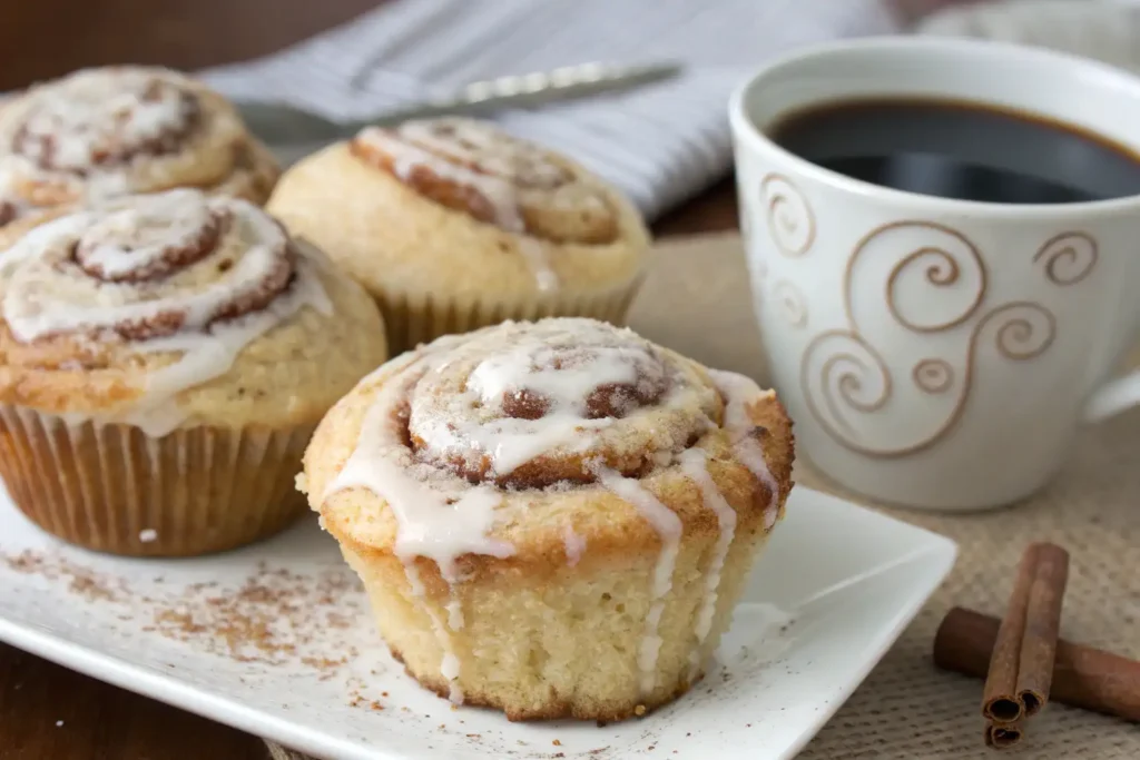 A plate of perfectly baked cinnamon roll muffins with extra glaze and a cup of coffee.