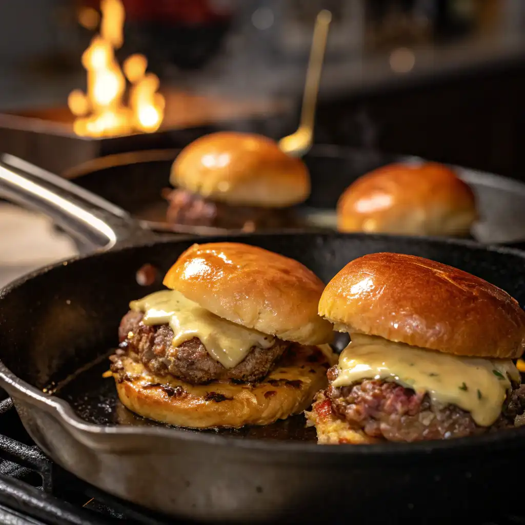 Cowboy Butter Steak Sliders being grilled in a pan, with seared steak, melting butter, and toasted buns in a cozy kitchen.