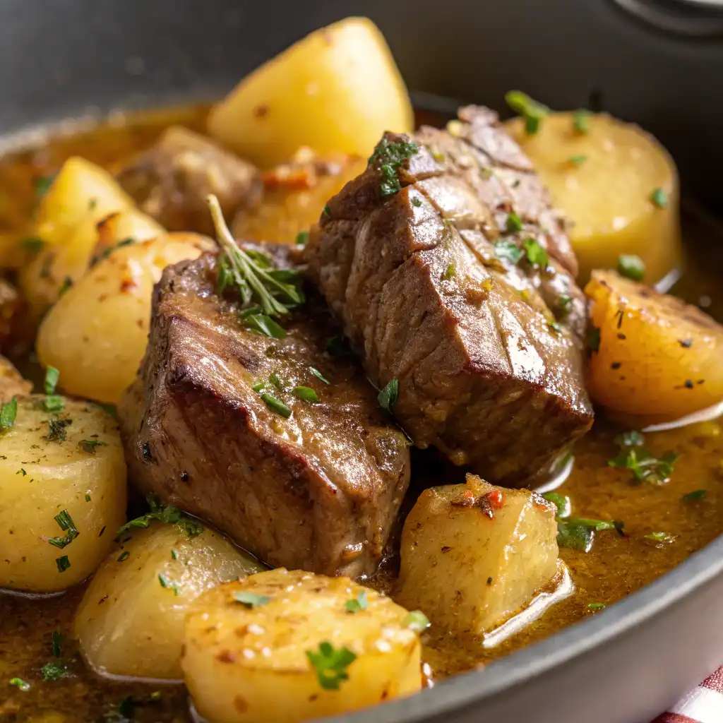 Tender garlic butter beef bite surrounded by golden potatoes, coated in a rich garlic butter sauce.