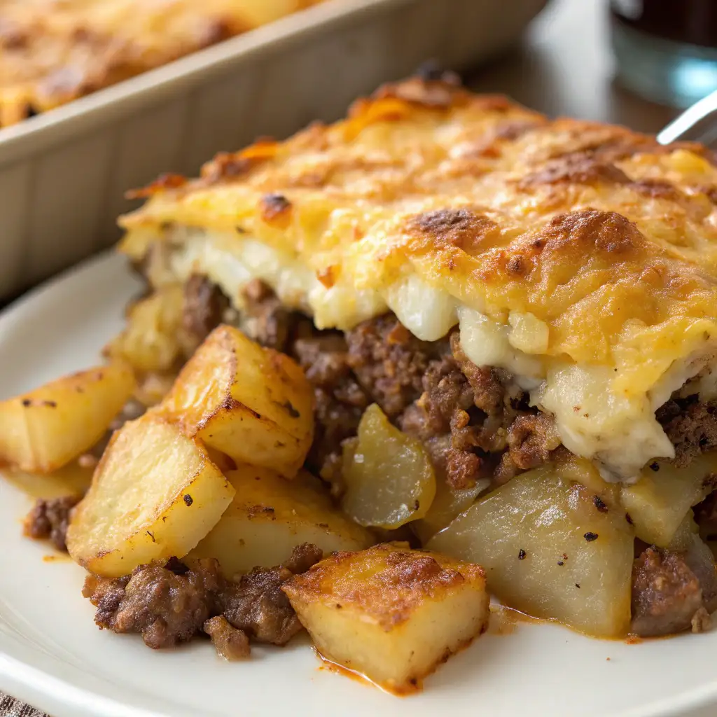 Perfectly baked Hobo Casserole Ground Beef Recipe with golden, bubbling cheese and tender layers of potatoes and beef.