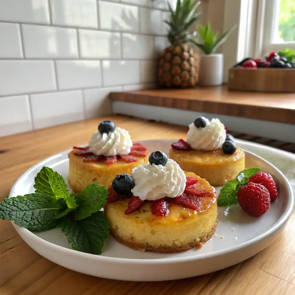 Mini Pineapple Upside-Down Cheesecakes served with whipped cream, berries, and a sprig of mint in a cozy kitchen.