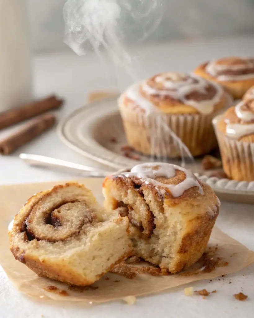 A close-up of a cinnamon roll muffin revealing the soft, gooey interior with cinnamon filling.