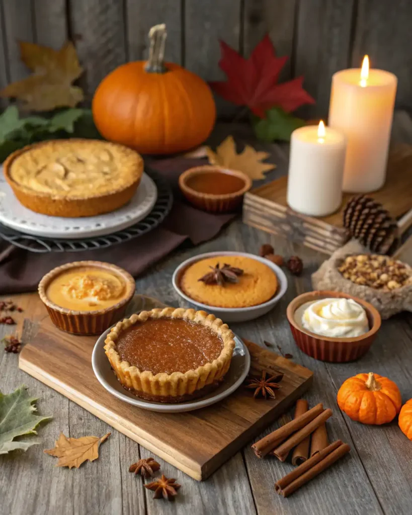 Autumn-themed pumpkin desserts displayed on a wooden table, including pumpkin pie, muffins, and cheesecake bars, surrounded by fall decor.