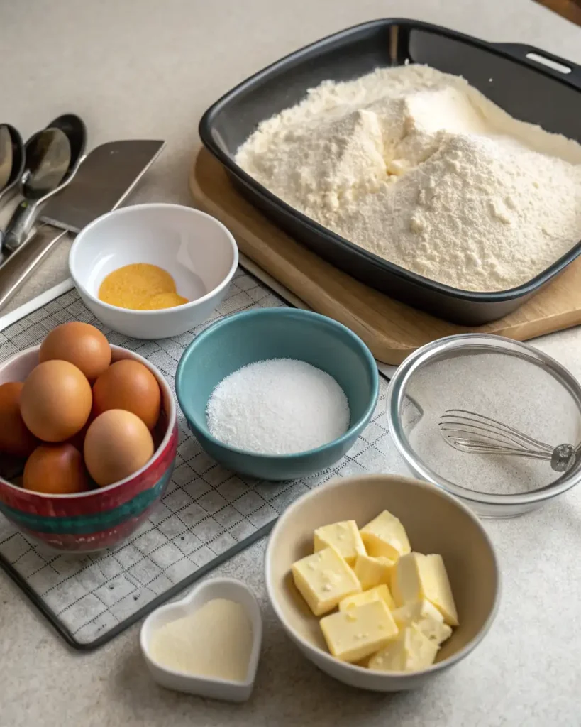 Ingredients for a heart-shaped cake: flour, sugar, eggs, and butter with a heart-shaped pan in the background.