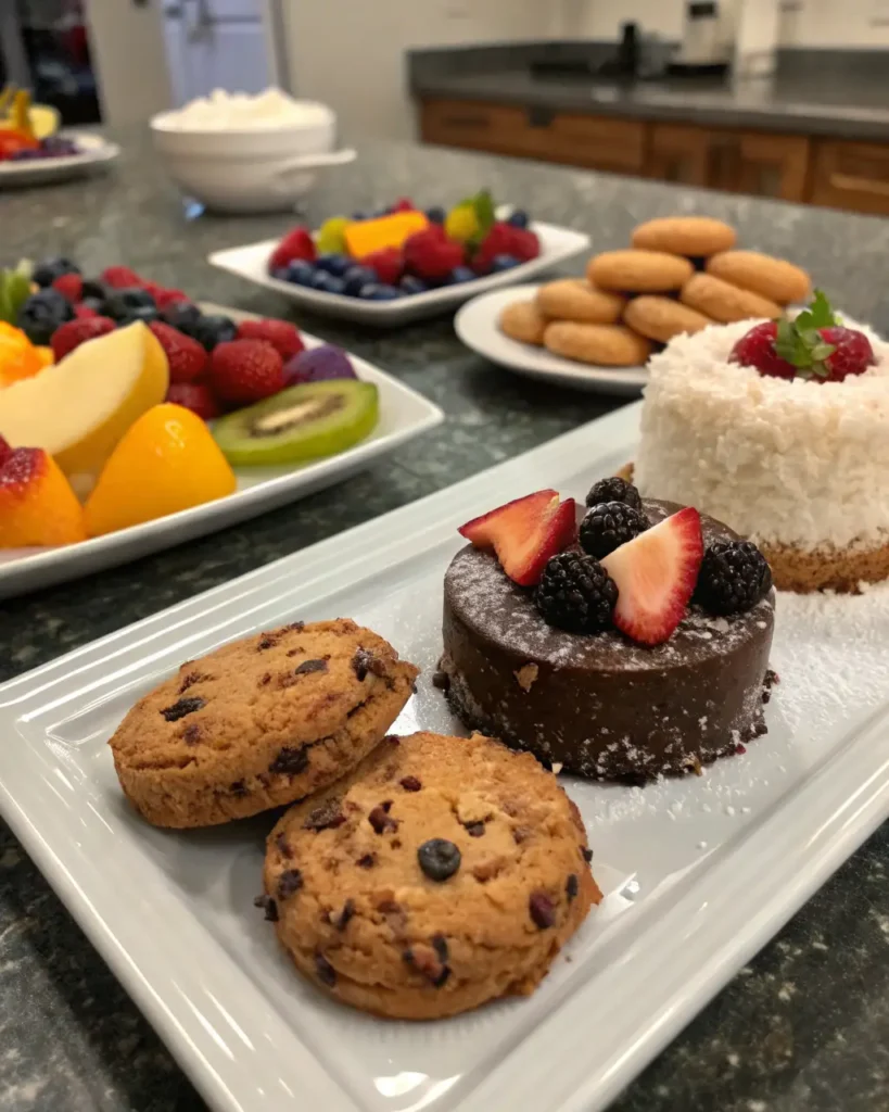 Colorful gluten-free desserts including cookies, flourless chocolate cake, and coconut macaroons displayed on a rustic kitchen counter.