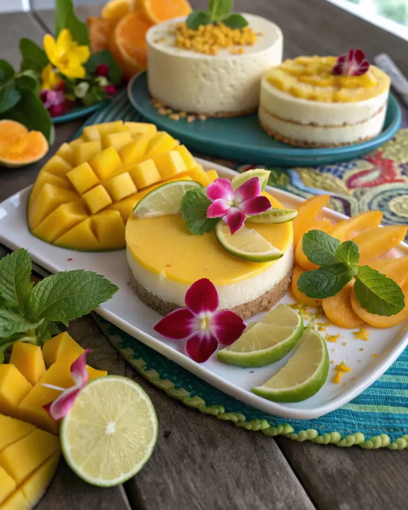 Mango Mango Desserts: A beautiful tropical spread showcasing mango desserts like sorbet, cheesecake, and pudding.