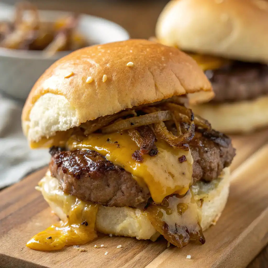 Close-up of a Cowboy Butter Steak Slider showing juicy steak, melted cheese, and buttery sauce, nestled in a toasted bun.