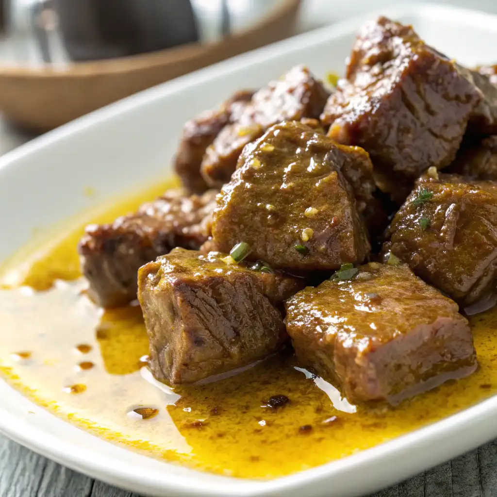 Close-up of tender garlic butter beef bites, glistening in a rich garlic butter sauce with a crispy, golden exterior