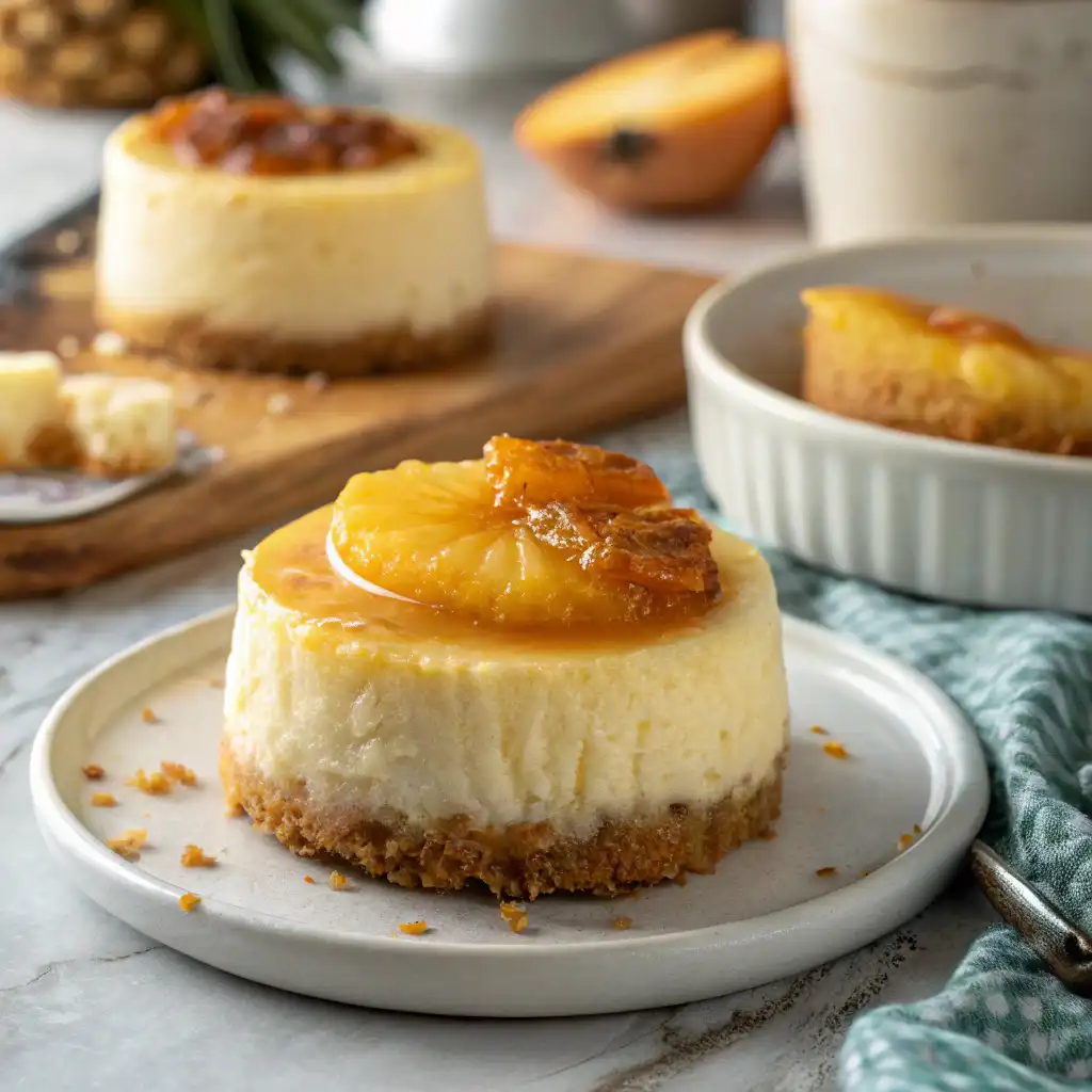 Close-up of Mini Pineapple Upside-Down Cheesecake on a kitchen countertop, showcasing its golden caramelized pineapple topping.