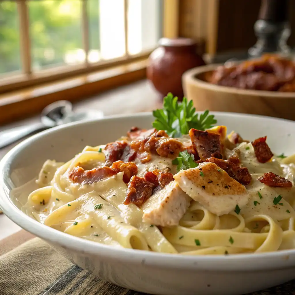 Close-up of Chicken Bacon Ranch Pasta showcasing creamy sauce, crispy bacon, and tender chicken in a rustic kitchen setting.