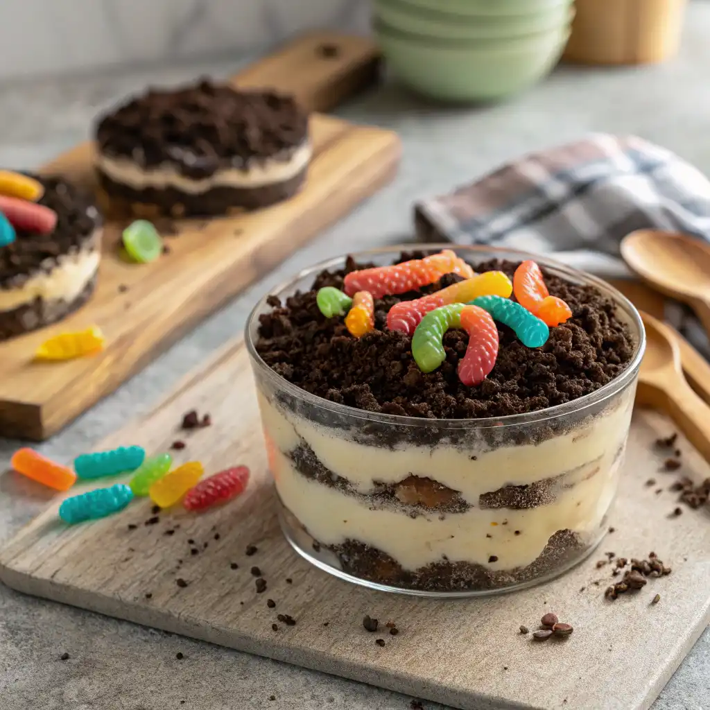 Close-up of a Dirt Cake Recipe with Oreo cookie crust, vanilla pudding layers, and gummy worms, captured in a cozy kitchen setting.