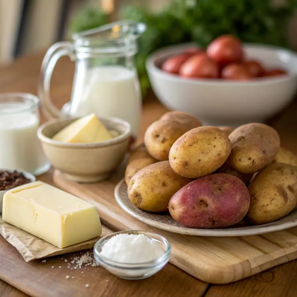 Fresh ingredients for a mashed potatoes recipe, including Yukon Gold potatoes, butter, cream, salt, and pepper, arranged on a wooden counter.