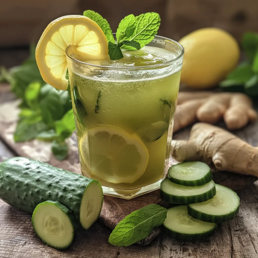 Close-up of ingredients for a Natural Mounjaro Drink, including green tea, lemon, ginger, and mint, on a kitchen countertop.