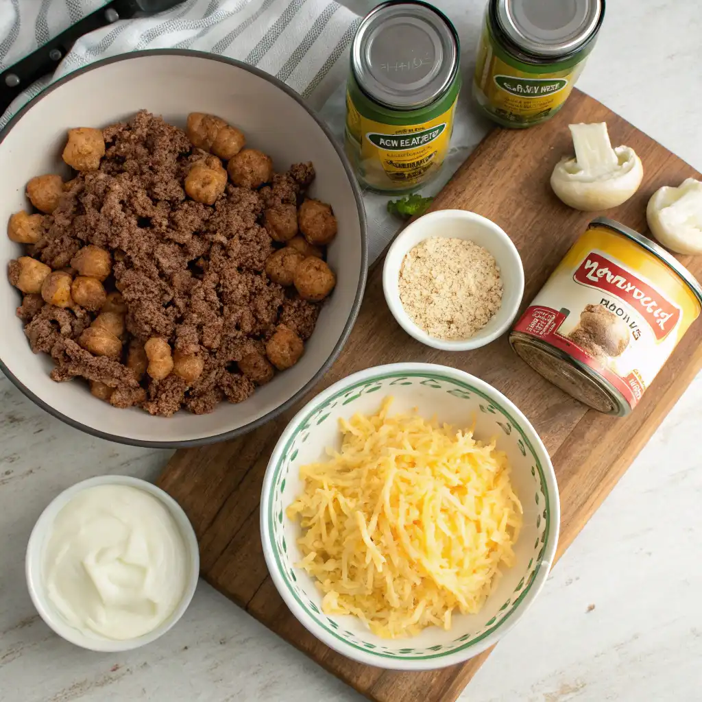 Fresh ingredients for Cowboy Casserole, including ground beef, tater tots, cheddar cheese, and seasonings, laid out on a rustic kitchen countertop.