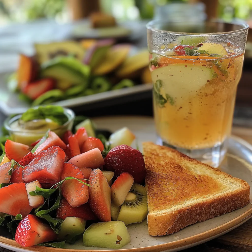 Natural Mounjaro Drink paired with a light salad, sandwich, and fresh fruit in a well-lit kitchen setting.