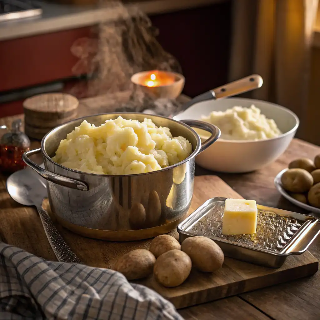 Freshly boiled potatoes being mashed in a rustic kitchen, with butter and milk ready to create the perfect mashed potatoes recipe.