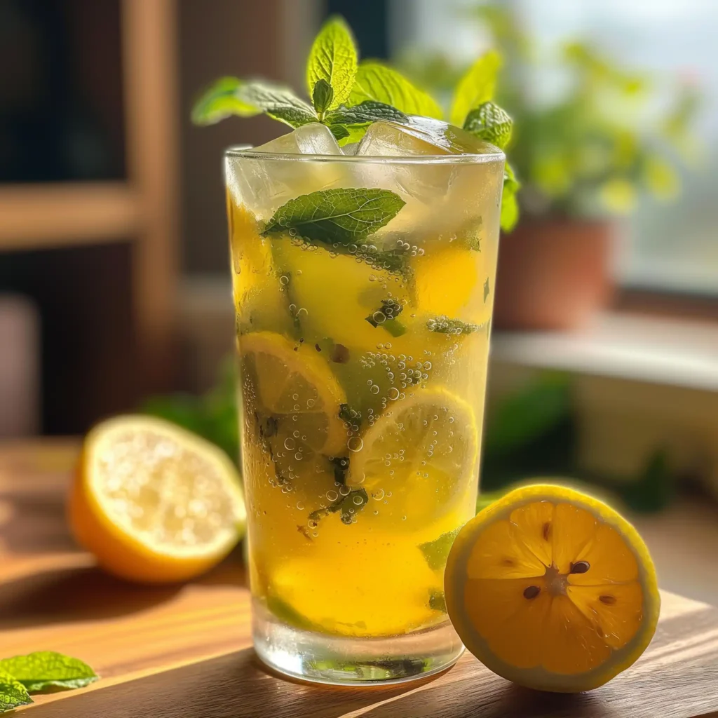 Close-up of Natural Mounjaro Drink being blended, with ingredients like mint, lemon, and honey in a kitchen blender.