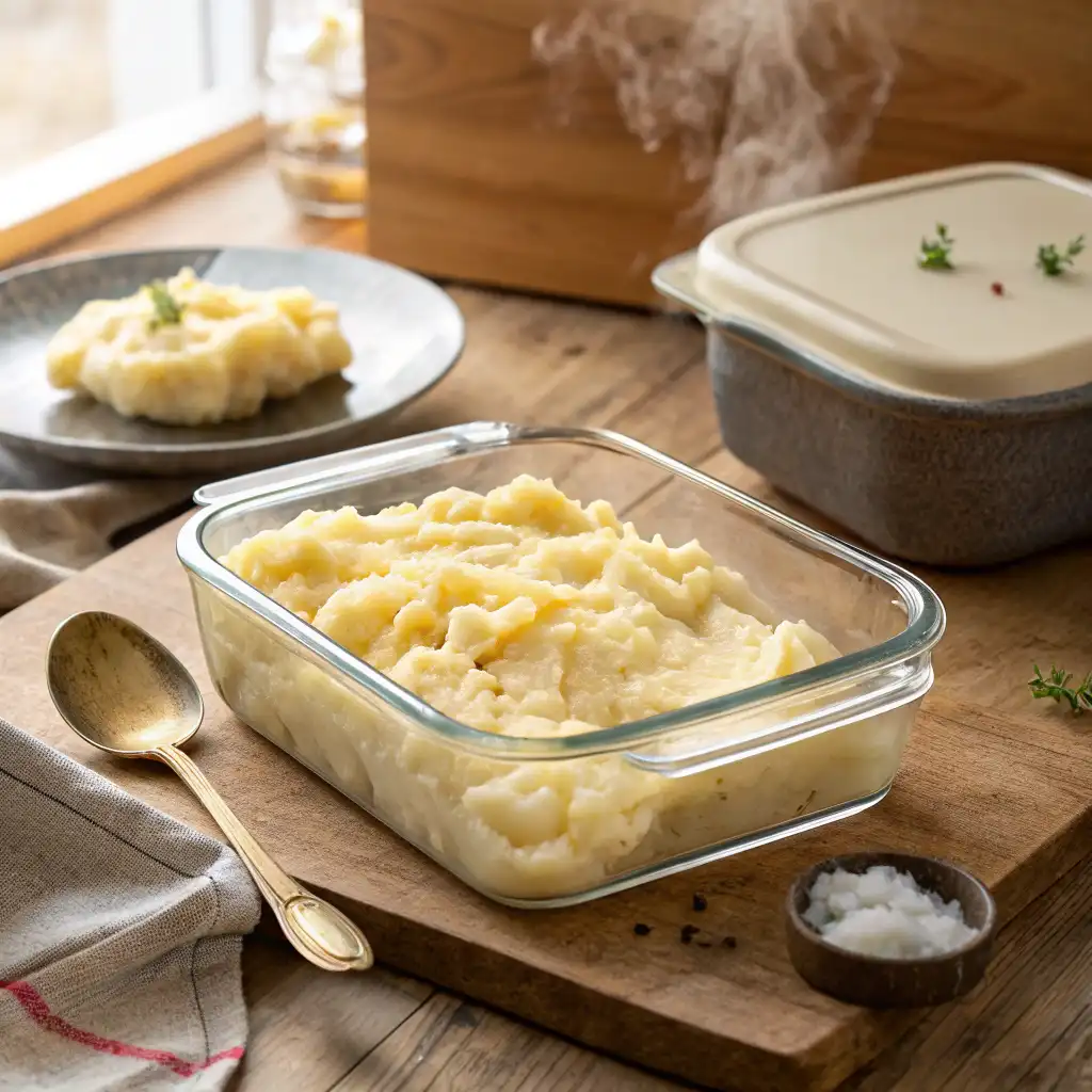 Leftover mashed potatoes stored in a glass container, with a portion being reheated in a pan, showing the best way to keep them fresh.