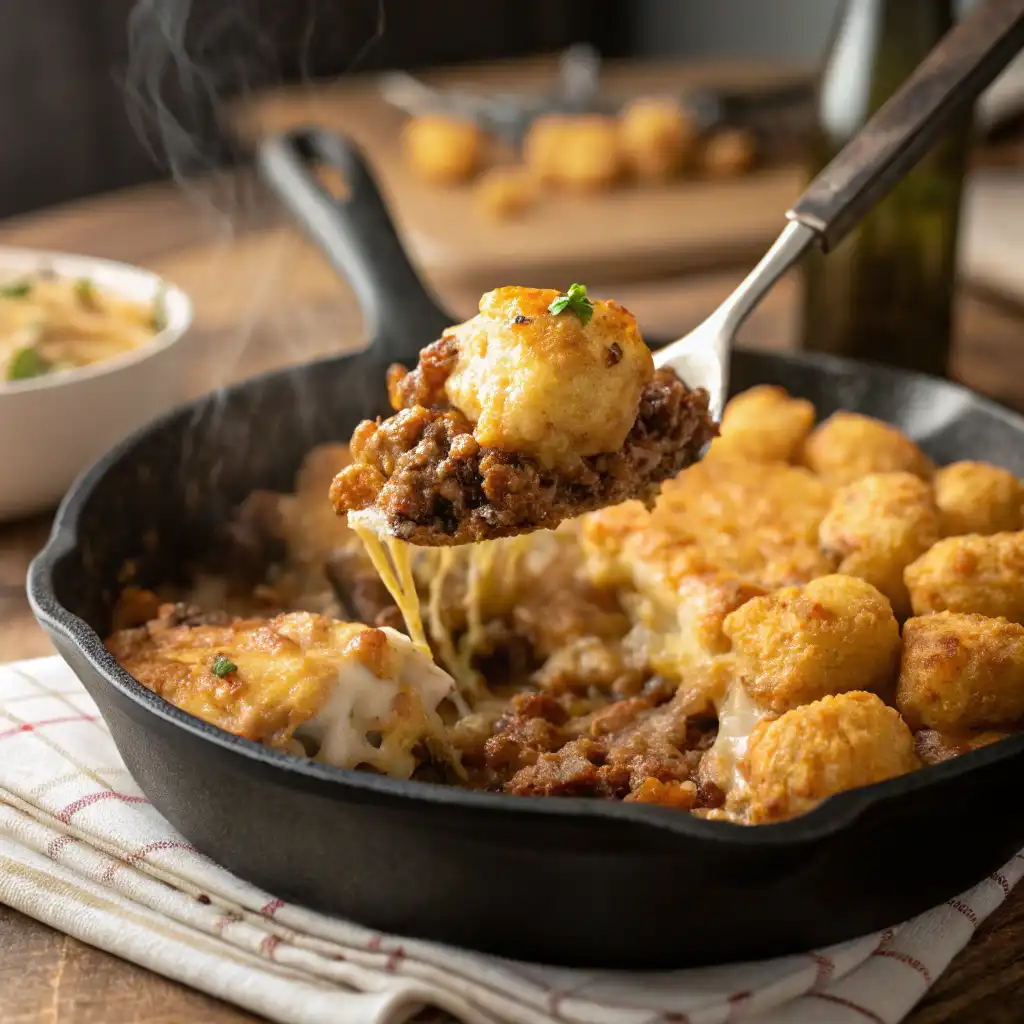 A serving of Cowboy Casserole being lifted from a cast-iron skillet, showcasing its crispy tater tot topping, creamy filling, and melted cheese.