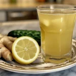 Close-up of a refreshing Natural Mounjaro Drink with ingredients like green tea, lemon, ginger, and mint, showcasing its detoxifying properties.