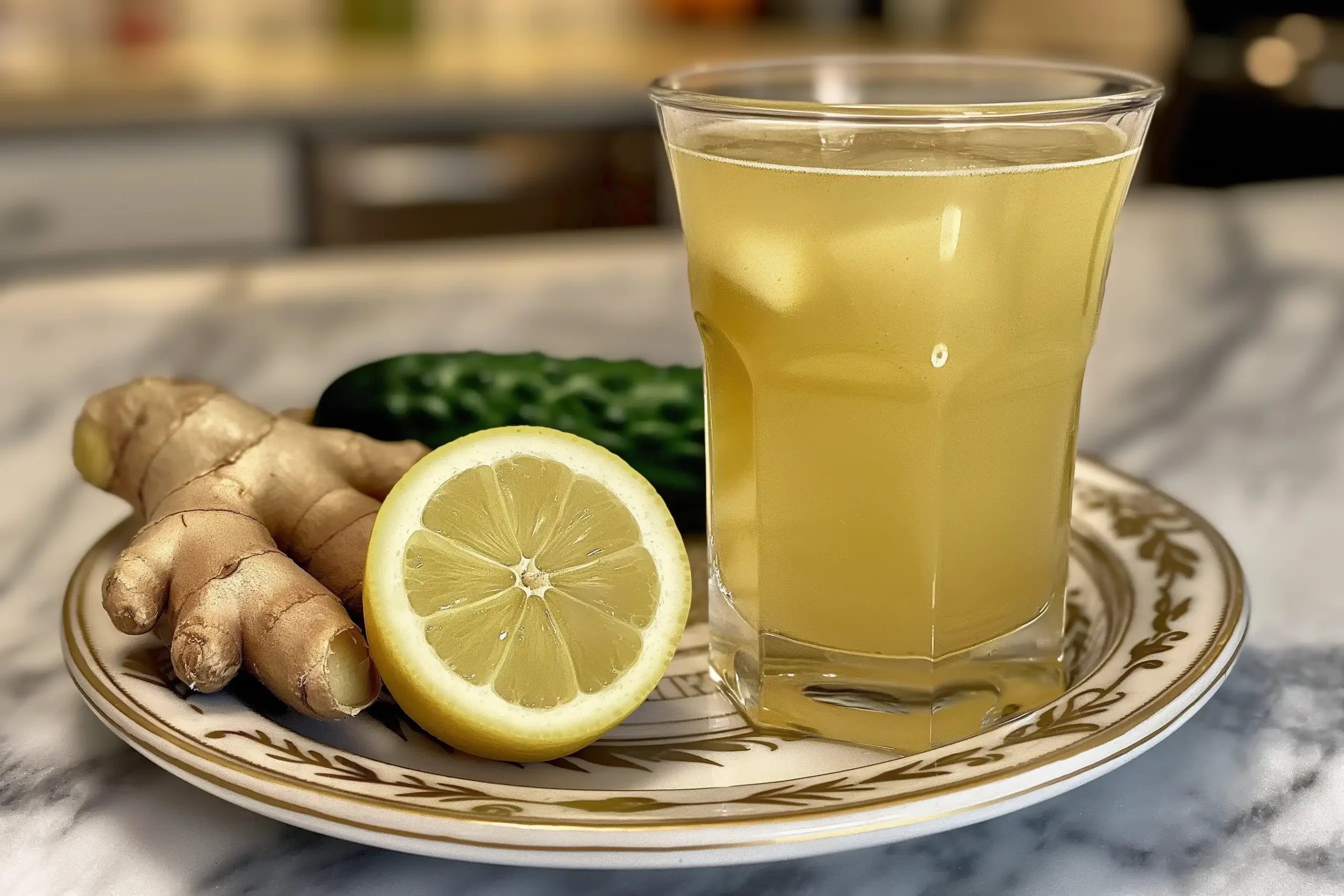 Close-up of a refreshing Natural Mounjaro Drink with ingredients like green tea, lemon, ginger, and mint, showcasing its detoxifying properties.